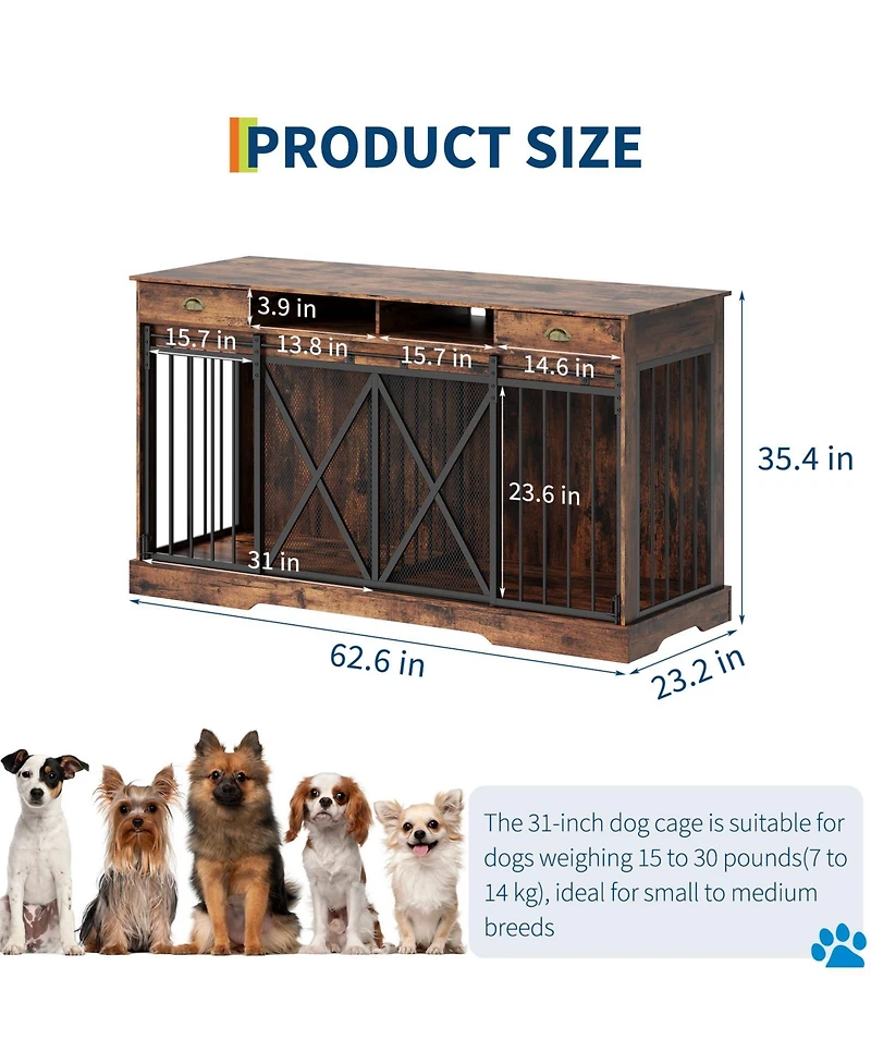 homfan Homfan Double Dog Crate Furniture with Divider, Sliding Doors, Drawers & Shelves for Large & Medium Dogs