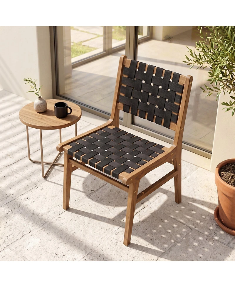 Gymax Solid Teak Hand-Woven Strap Outdoor Dining Chairs with Flex Support for Garden