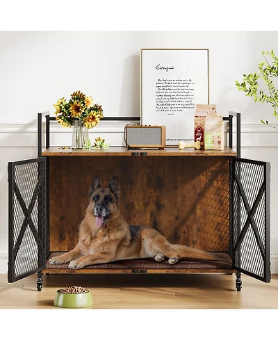 homfan Dog Crate Furniture Vintage Farmhouse Dog Kennel Table with 360degree(s) Swivel Wheels and Double Doors for Large Medium Small Dogs