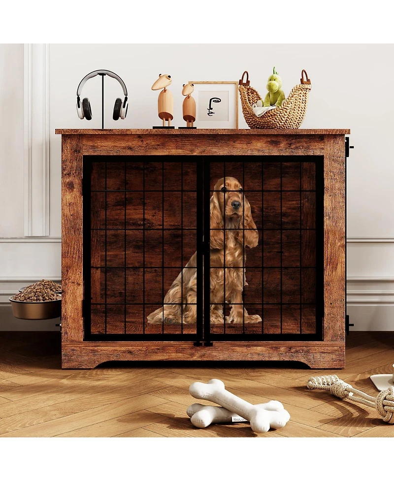 homfan Dog Crate Furniture 38 Inch Brown Wooden Indoor Kennel with 360 Degree Rotating Feeder and Dual Doors for Small and Medium Dogs