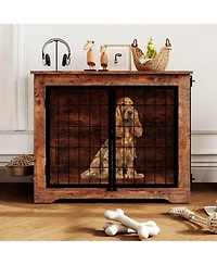homfan Dog Crate Furniture 38 Inch Brown Wooden Indoor Kennel with 360 Degree Rotating Feeder and Dual Doors for Small and Medium Dogs