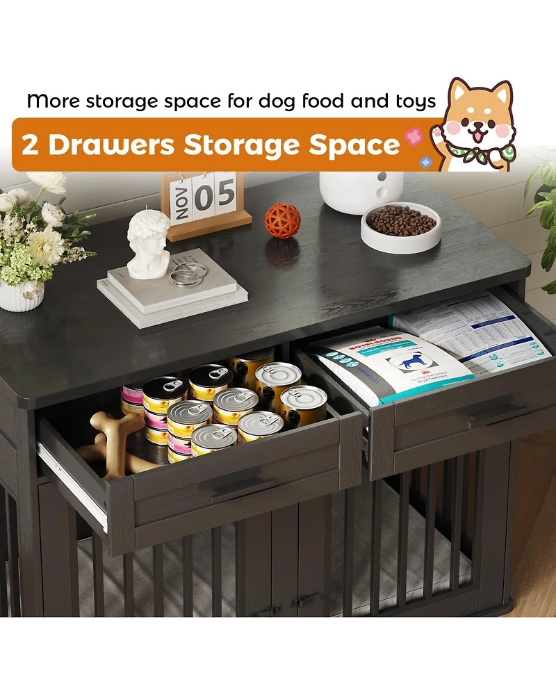homfan Dog Crate Furniture Wooden Heavy Duty Indoor Kennel, Storage Drawers