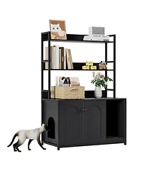homfan 52" Cat Litter Box Enclosure with Storage Shelves and Double Doors, Modern Wooden Cabinet, Scratch Pad.