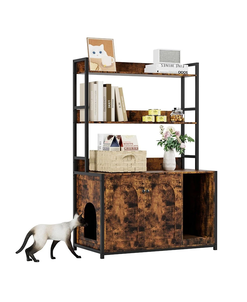 homfan 52" Cat Litter Box Enclosure with Storage Shelves and Double Doors, Modern Wooden Cabinet, Scratch Pad.