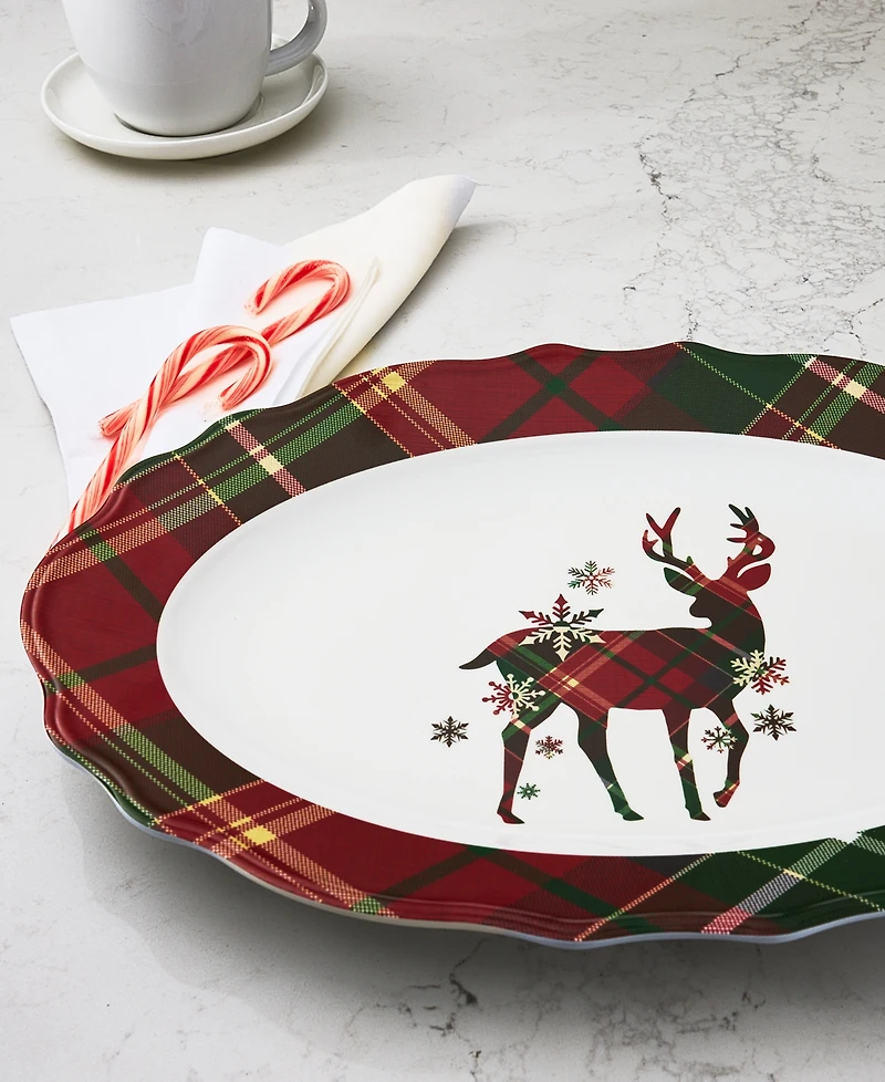 Tinsel And Frost Melamine Tartan Plaid Deer Oval Tray, Set of 2