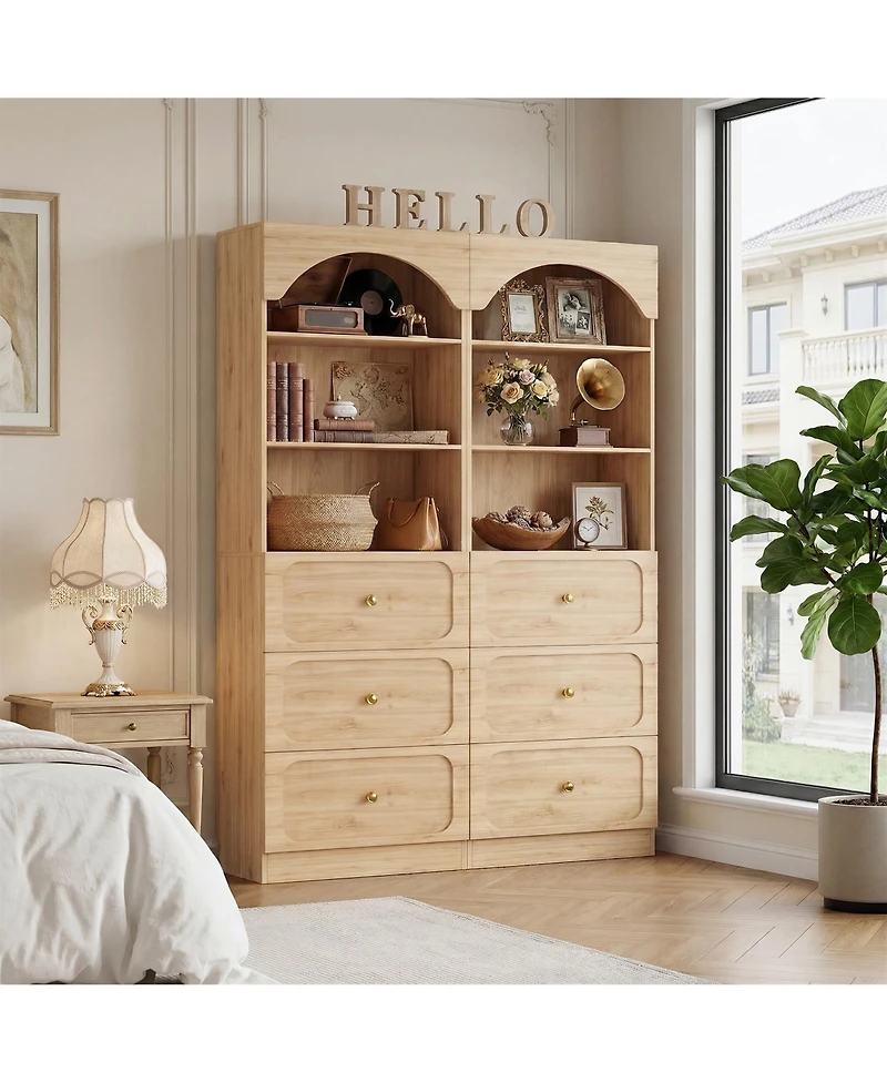Aheaplus 2Piece Wooden Pantry Storage Cabinets with 3-Tier Open Shelves