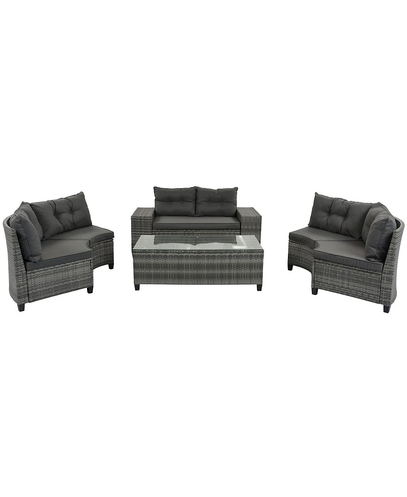 Asagikoiai 8-Piece Outdoor Wicker Half-Moon Patio Sectional Sofa Set with Coffee and Side Tables-Asagikoiai