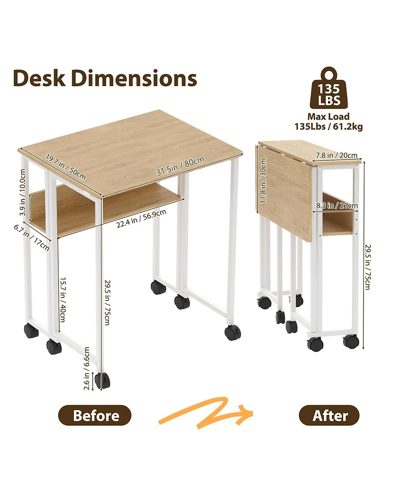 homfan 31.5" Folding Rolling Desk with Storage Shelf, Small Space Computer Table with Wheels, Foldable Workstation for Home Office and Study