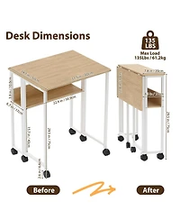 homfan 31.5" Folding Rolling Desk with Storage Shelf, Small Space Computer Table with Wheels, Foldable Workstation for Home Office and Study