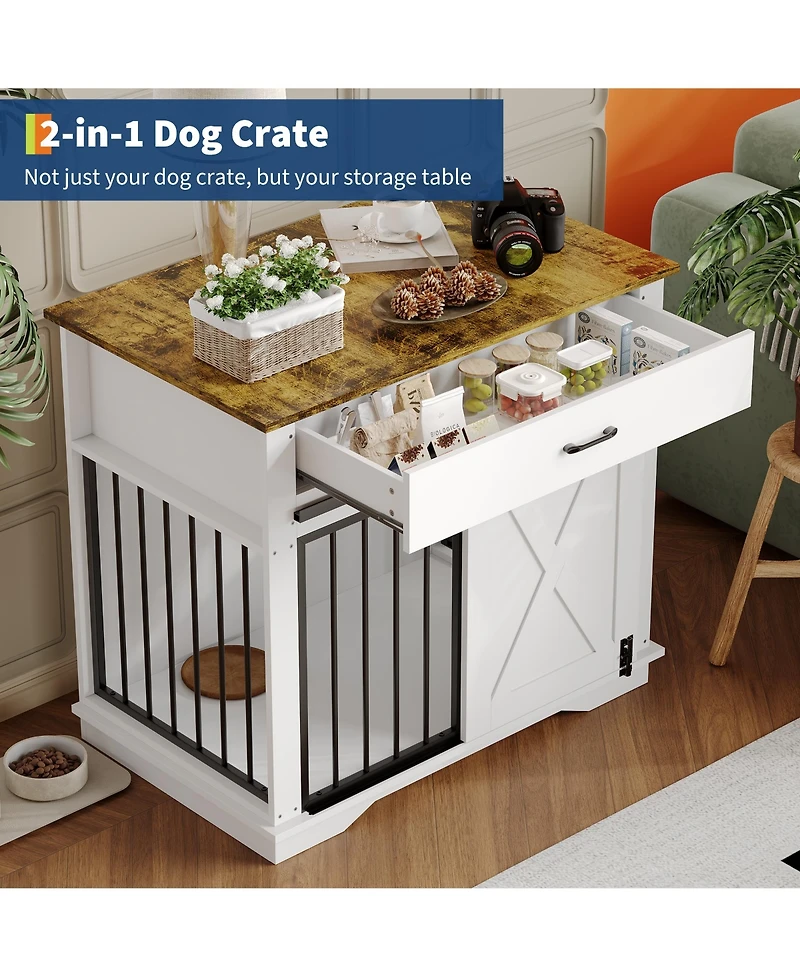 homfan Modern Farmhouse Wooden Dog Crate - Double Doors, Storage Drawer and Cabinet, End Table, Carbon Steel Frame.