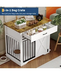 homfan Modern Farmhouse Wooden Dog Crate - Double Doors, Storage Drawer and Cabinet, End Table, Carbon Steel Frame.
