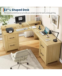gaomon 63" L-Shaped Executive Desk with 4 File Drawers and Power Outlet – Large Corner Computer Desk with Monitor Stand, Home Office Desk, Wood Tone