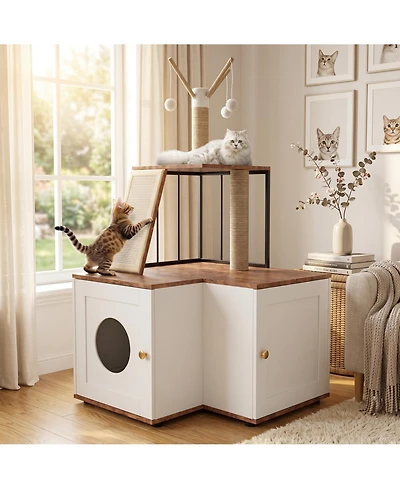 homfan Multi-Level Wooden Crate with Storage Tall House with Hidden Litter Box, Scratching Post, Play Area, L-Shaped Design, Easy Clean Indoor Kennel.