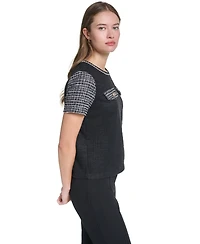 Karl Lagerfeld Paris Petite Short-Sleeve Trim Crewneck Blouse