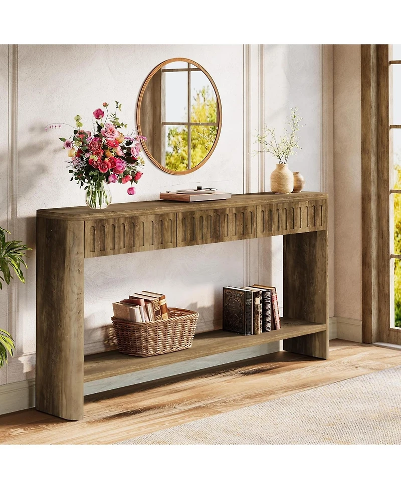 Tribesigns Farmhouse Console Table, Fluted Wood Entryway Table with 3 Drawers and Open Shelf for Behind Couch Living Room Hallway