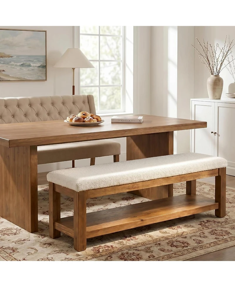 Tribesigns Solid Wood Dining Bench with Sturdy Frame, Farmhouse Upholstered Bench with 2-Tier Storage Shelf for Dining Room, Living Room, Hallway