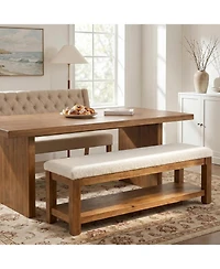 Tribesigns Solid Wood Dining Bench with Sturdy Frame, Farmhouse Upholstered Bench with 2-Tier Storage Shelf for Dining Room, Living Room, Hallway