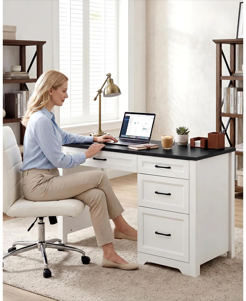 homfan Farmhouse Executive Desk with File Cabinet and Storage Drawers - Space-Saving Small Home Office Desk for Bedroom or Study