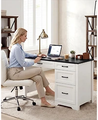 homfan Farmhouse Executive Desk with File Cabinet and Storage Drawers - Space-Saving Small Home Office Desk for Bedroom or Study