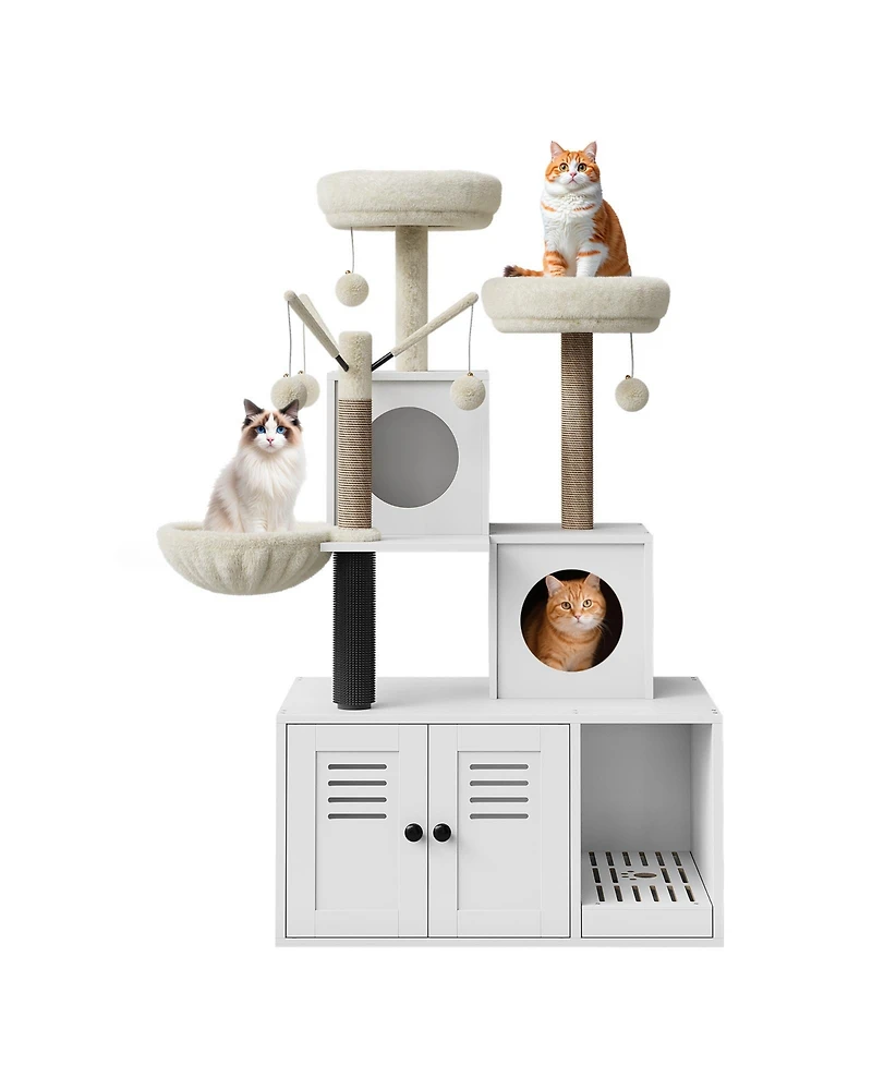 Homfan 2-in-1 Cat Litter Box Enclosure with Tower, Scratching Post, Soft Perch, Multi-Level Platforms & Toy for Indoor Use