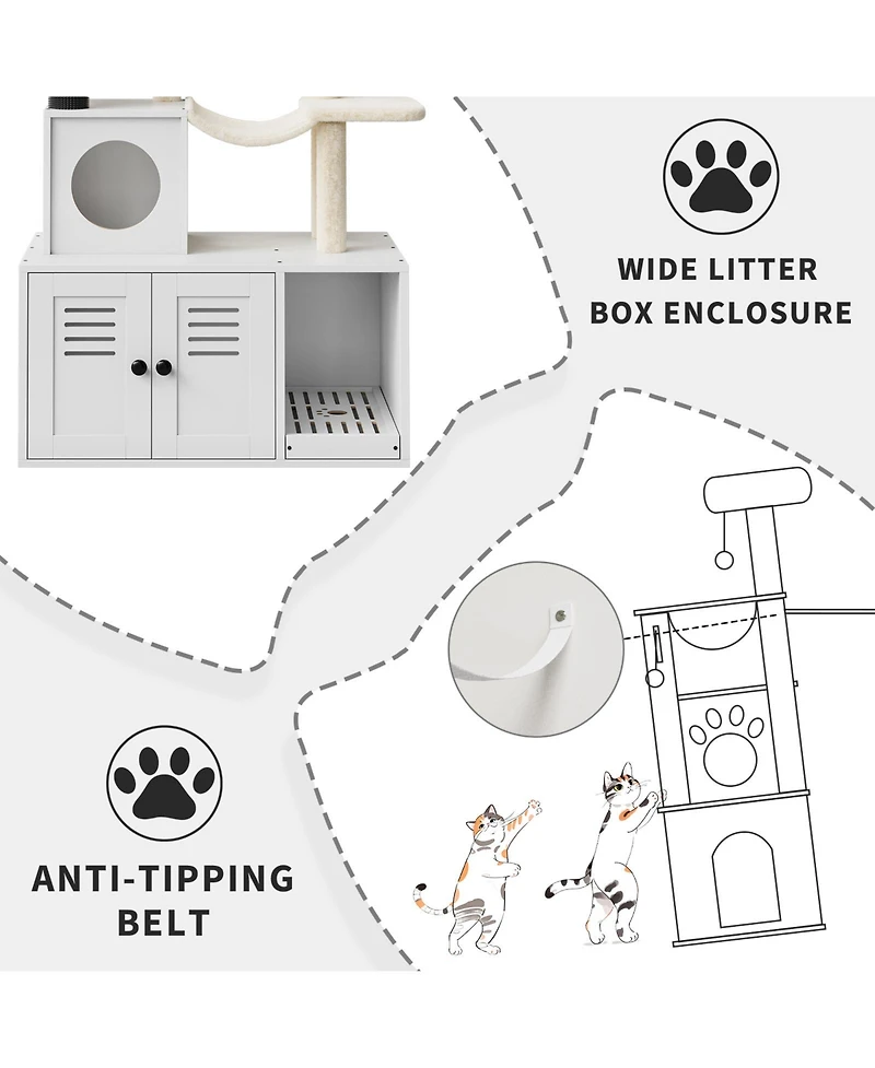 Homfan 2-in-1 Cat Litter Box Enclosure with Tower, Scratching Post, Soft Perch, Multi-Level Platforms & Cat Toy for Indoor Use
