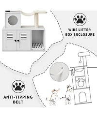 Homfan 2-in-1 Cat Litter Box Enclosure with Tower, Scratching Post, Soft Perch, Multi-Level Platforms & Cat Toy for Indoor Use
