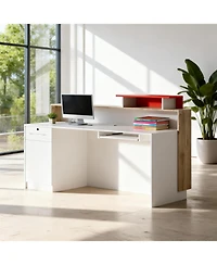 Logicfox Reception Desk with Counter Drawer Keyboard Tray Cabinet and Led Stone Look and Wood