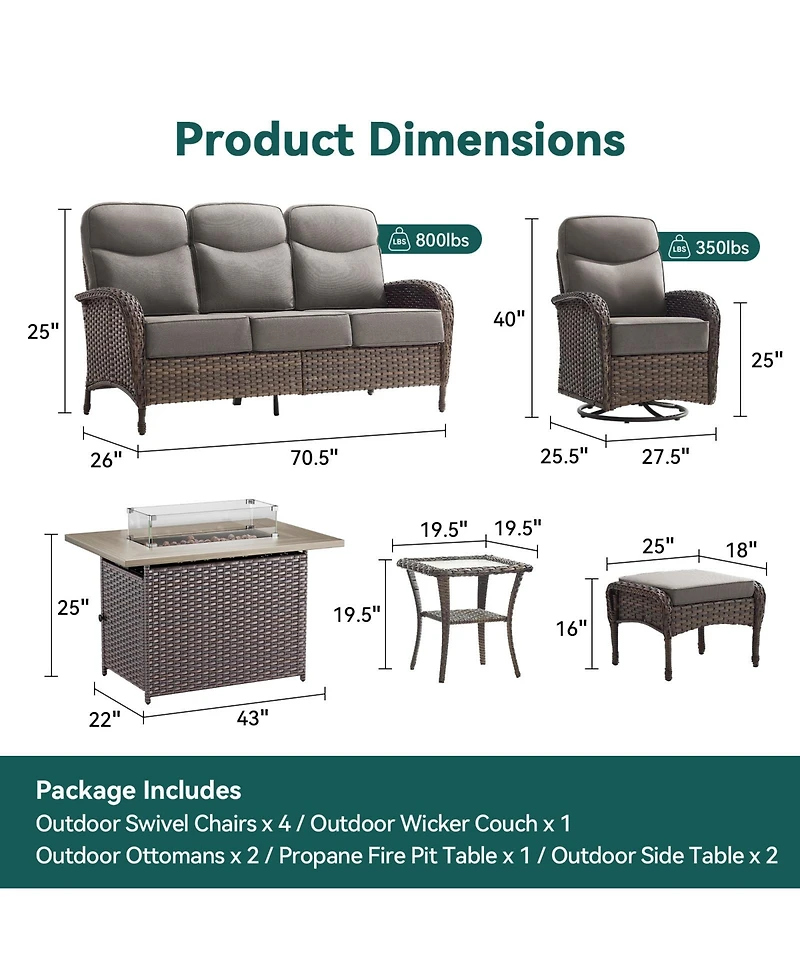 Pocassy 10 Pieces Patio Furniture Set, Outdoor Wicker Sofa Couch with Rocking Swivel Chairs Fire Pit Table, Modern Deep Seat Rattan Conversation Sets