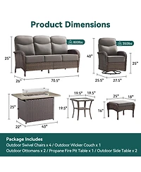 Pocassy 10 Pieces Patio Furniture Set, Outdoor Wicker Sofa Couch with Rocking Swivel Chairs Fire Pit Table, Modern Deep Seat Rattan Conversation Sets