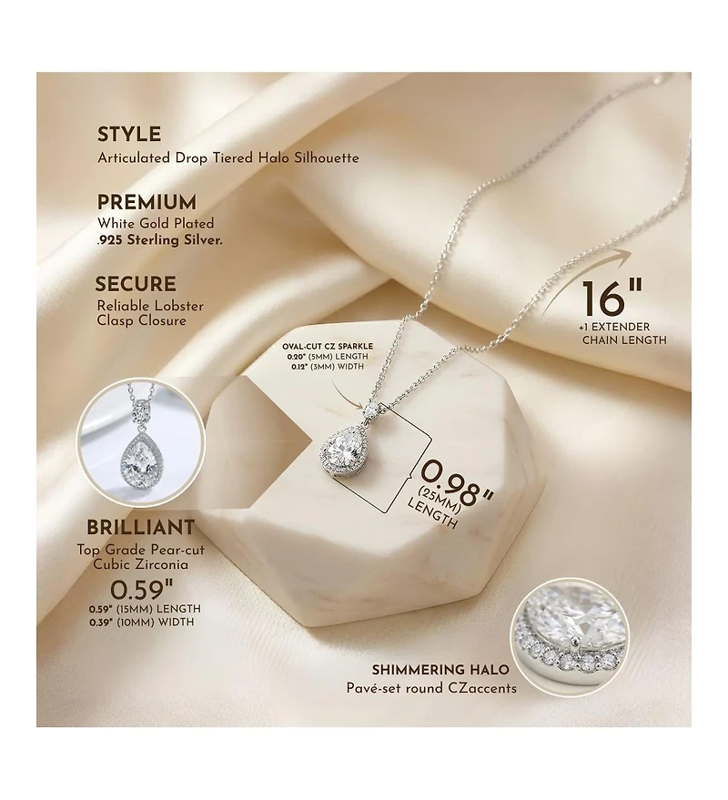 Genevive Sterling Silver White Gold Plated Clear Pear with Oval and Round Cubic Zirconia Accent Drop Necklace