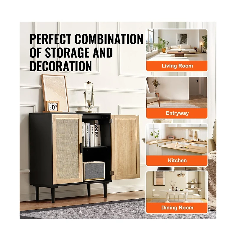 Sugift Rattan Storage Cabinet with Two Magnetic Doors and Adjustable Shelves
