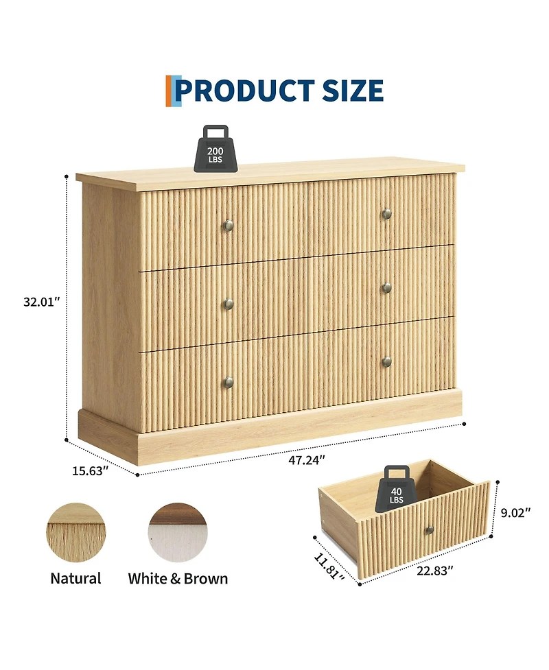 homfan 6 Drawer Dresser Chest with Fluted Front and Metal Handles for Bedroom, Guest Room, Apartment, Entryway