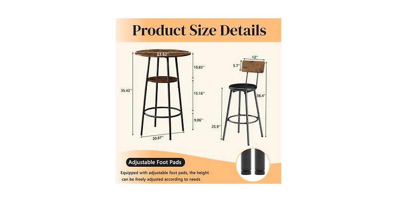 Flynama 3-Piece Round Bar Table Set with 2-Tier Storage and Pu Stools for Small Corner