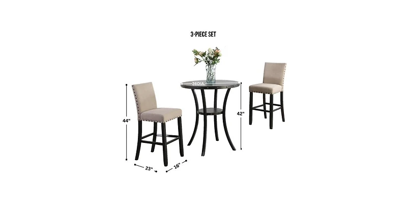 Flynama 3-Piece 36" Round Espresso Bar Table Set with 2 Tan Fabric Nail Head Stools