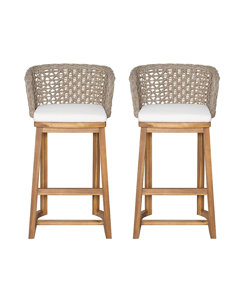 Flynama Set of 2 Outdoor Acacia Wood Bar Stools, Teak Finish with Cushion and Wicker Back