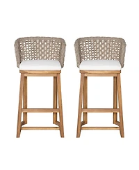 Flynama Set of 2 Outdoor Acacia Wood Bar Stools, Teak Finish with Cushion and Wicker Back