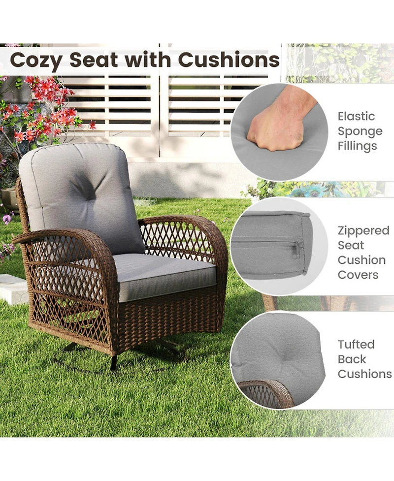 Sugift 3-Piece Patio Swivel Rocker Set with Tempered Glass Side Table and Thick Cushions