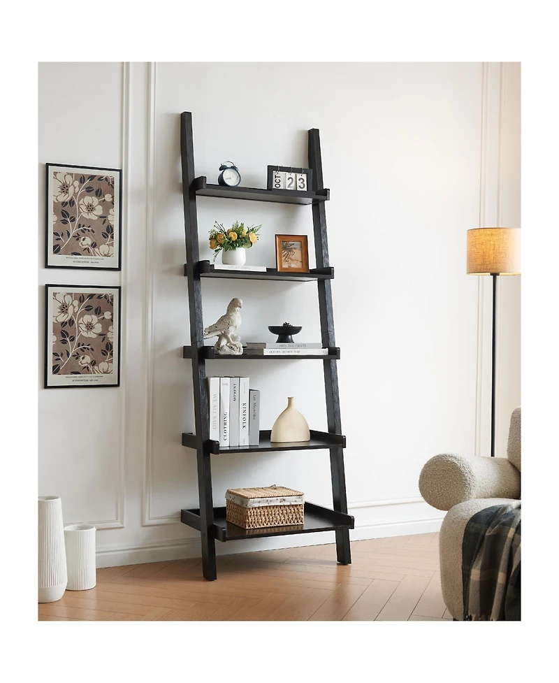 Flynama 5-Shelf Ladder Bookcase with Multi-Depth Shelves and Side Barriers