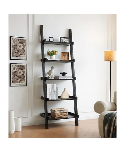 Flynama 5-Shelf Ladder Bookcase with Multi-Depth Shelves and Side Barriers