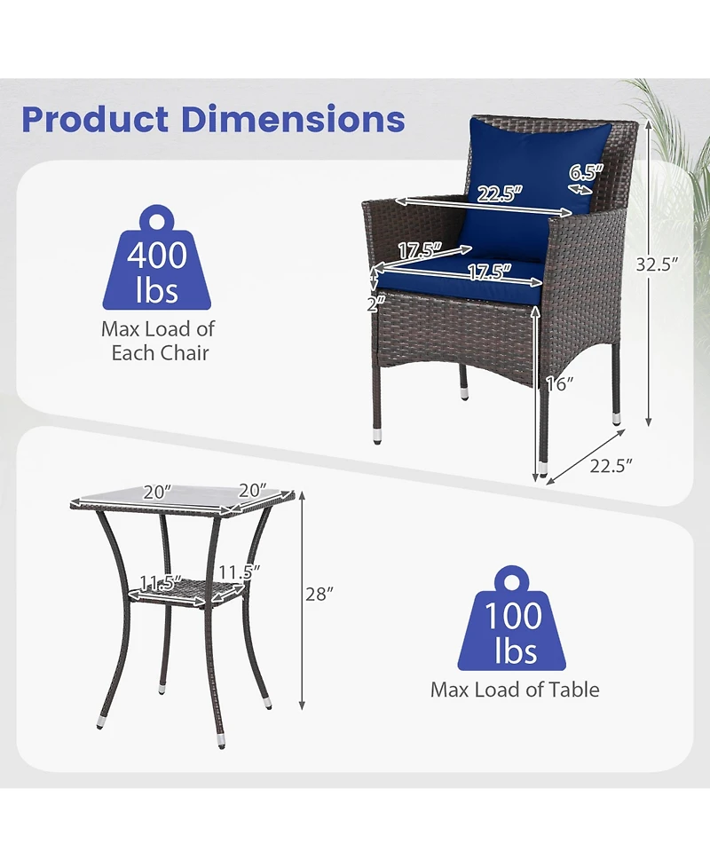 Gymax Set of 3 Patio Wicker Bistro 2 Rattan Chairs With Double-Tier Tempered Glass Table