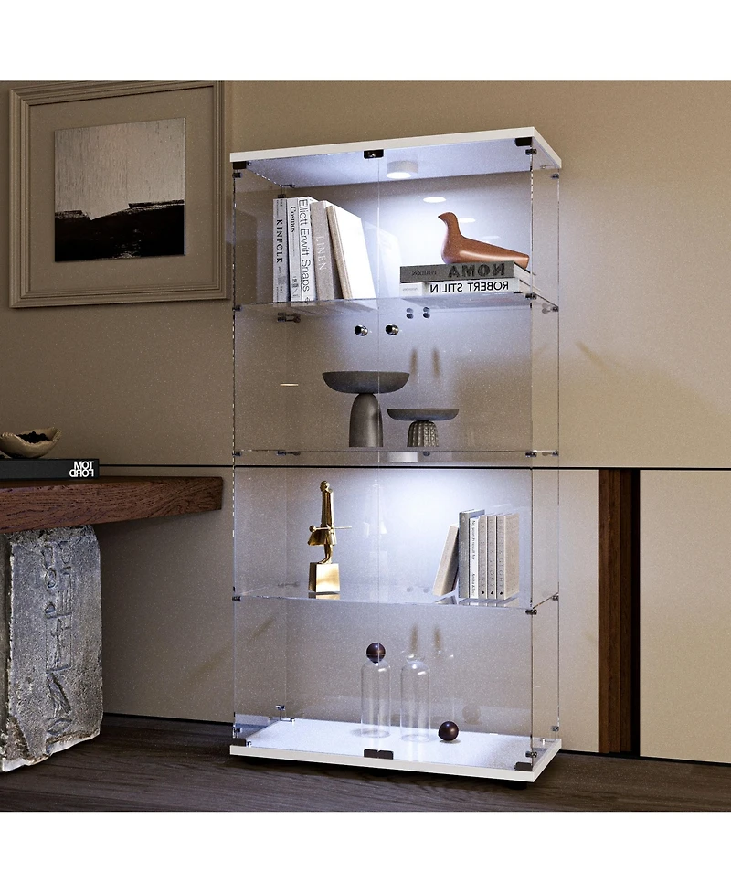 Flynama Tempered Glass Display Cabinet with Remote Control Light and Lockable Casters