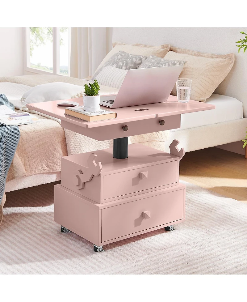 Streamdale Furniture High-Gloss Adjustable Rolling End Table with Charging Station and Storage