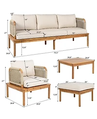 Asagikoiai 5-Piece Acacia Wood Outdoor Conversation Sofa Set with Rope Weave and Waterproof Cushions