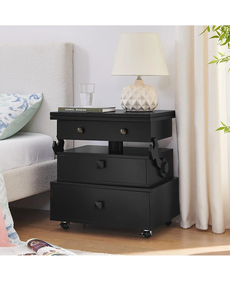Streamdale Furniture High-Gloss Adjustable Rolling End Table with Charging Station and Storage