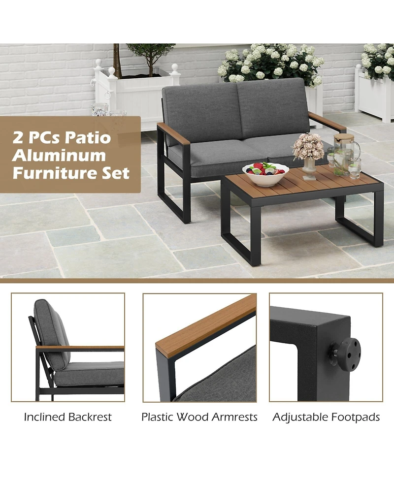 Sugift 2-Piece Aluminum Patio Loveseat Set with Wood-Plastic Armrests and Coffee Table