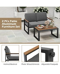 Sugift 2-Piece Aluminum Patio Loveseat Set with Wood-Plastic Armrests and Coffee Table