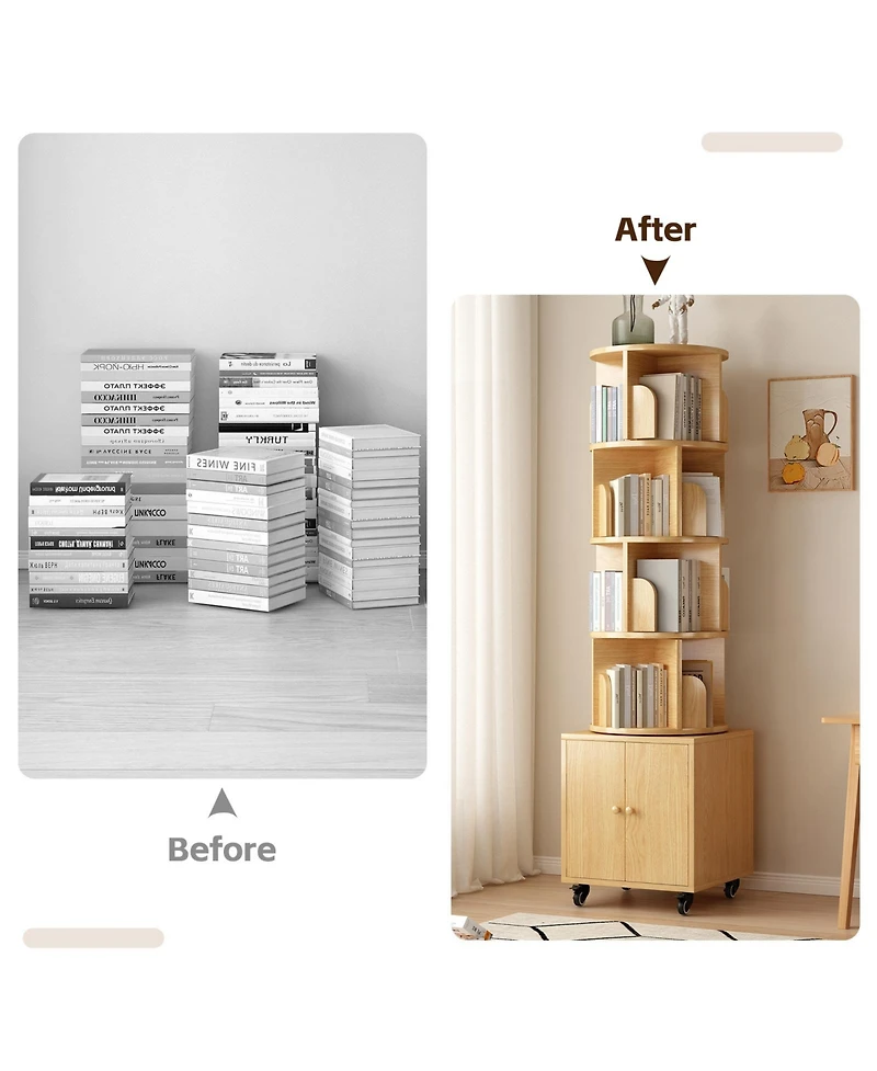 Flynama 5-Tier Rotating Corner Bookshelf with Double Door Drawer, 360 Degree Revolving Wooden Home Storage Rack