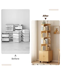 Flynama 5-Tier Rotating Corner Bookshelf with Double Door Drawer, 360 Degree Revolving Wooden Home Storage Rack