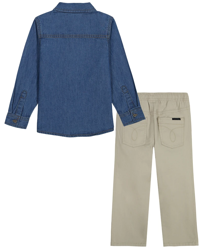 Calvin Klein Boys' 2T-7 Long-Sleeve Shirt and Pants, 2-Piece Set