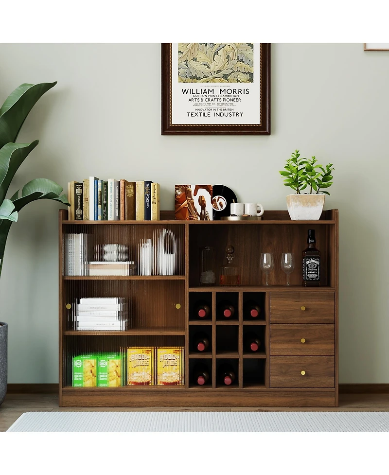 Flynama Double Sliding Striped Glass Door Sideboard Wooden Freestanding Storage Cabinet Wine Cabinet For Home Garage Use